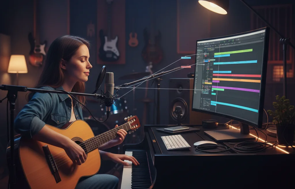 Performer recording guitar beside a piano while a DAW view helps translate melody and chords into editable MIDI.