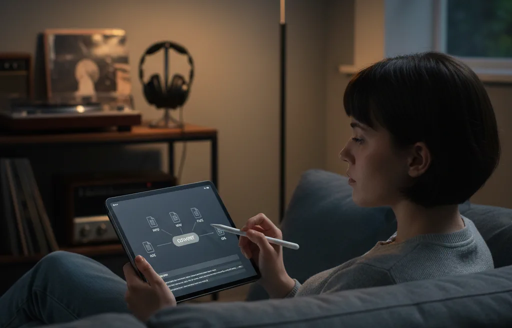 Producer using a tablet on a couch to start a quick audio-to-MIDI draft without opening a full desktop studio session.