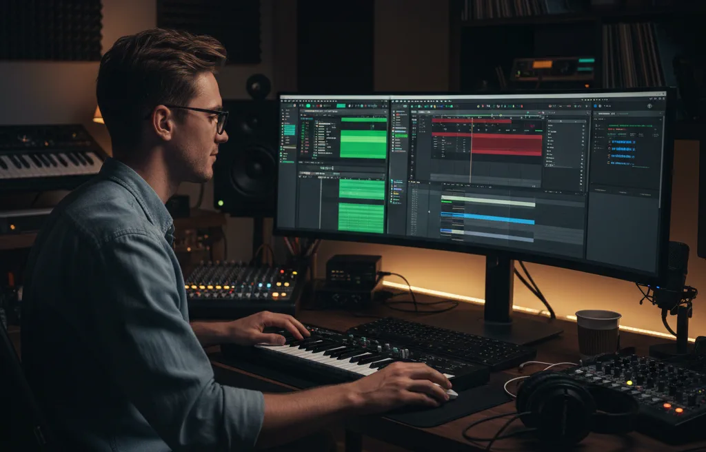 Producer reviewing a MIDI arrangement on a studio workstation after exporting audio transcription into a DAW-ready file.