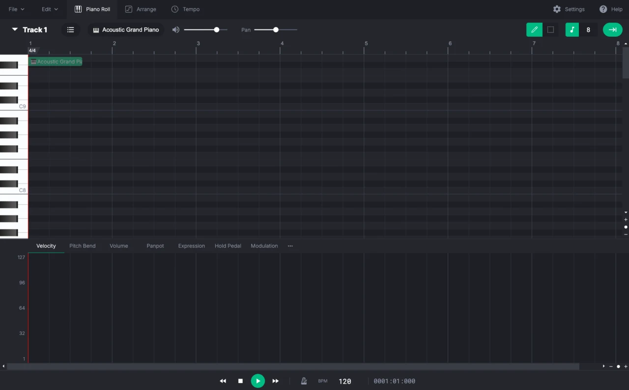 Screenshot of the midieditor workspace showing the piano roll, track controls, and tempo tools ready to launch in the browser.