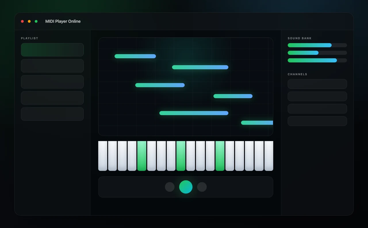 Screenshot-style preview of a browser MIDI player with note visualization, keyboard playback, transport controls, and sound bank panels.